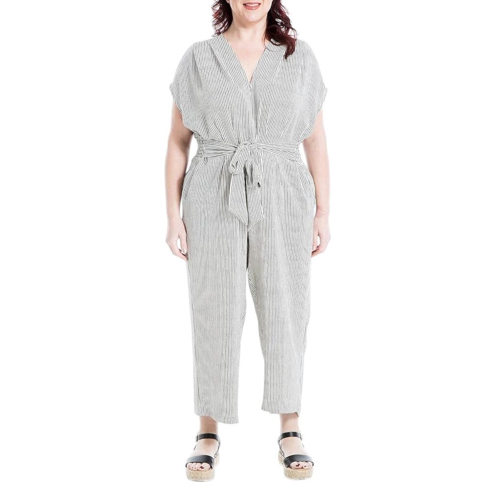 Max Studio Striped V Neck Wide Leg Jumpsuit Tie Waist Black White‎ Size 2X